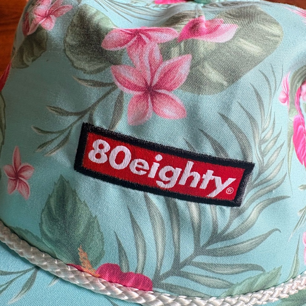 NWT 80eighty Aloha Premium Tropical Floral Rope-Trim Hat - Aqua & Pink - Picture 2 of 9